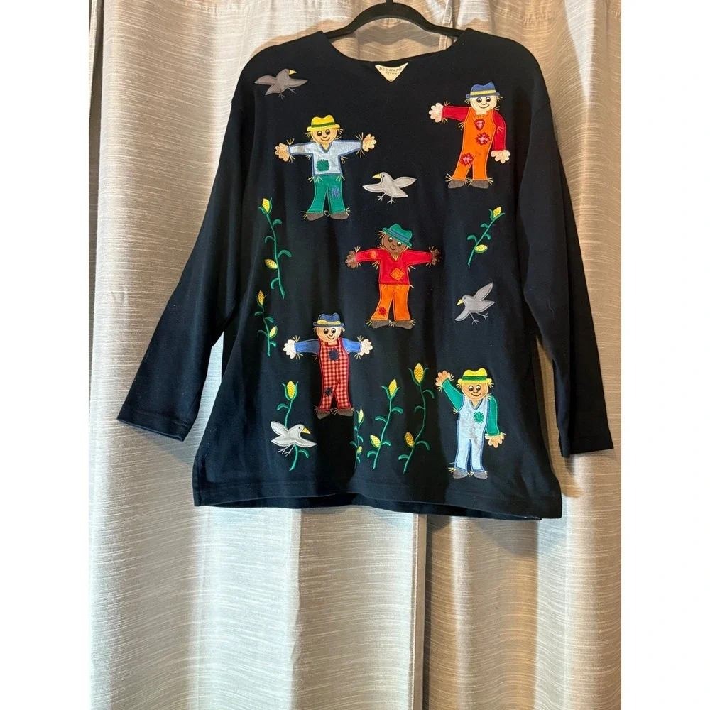 90s VTG Bechamel Black Embroidered Scarecrow Fall Harvest Pullover Top Sz PL